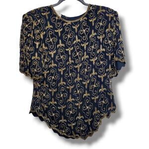 Vintage Laurence Kazar Women's Beaded Silk Blouse Fits S-M Gatsy Eras Tour NYE